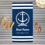 Nautical Navy Blue Custom Boat Name Beach Towel<br><div class="desc">Nautical beach towel in a vertical format features an elegant boat anchor framed by a knotted rope and accented with preppy horizontal stripes. Personalize the custom text with your boat name and location. Design includes a classic coastal navy blue and white color scheme.</div>