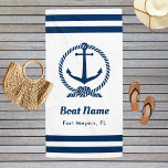 Nautical Navy Blue Custom Boat Name Beach Towel<br><div class="desc">Nautical beach towel in a vertical format features an elegant boat anchor framed by a knotted rope and accented with preppy horizontal stripes. Personalize the custom text with your boat name and location. Design includes a classic coastal navy blue and white color scheme.</div>