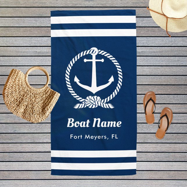 Nautical Navy Blue Custom Boat Name Beach Towel (Creator Uploaded)