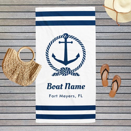 Nautical Navy Blue Custom Boat Name Beach Towel