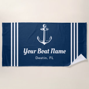 Nautical Navy Blue Custom Boat Name Beach Towel