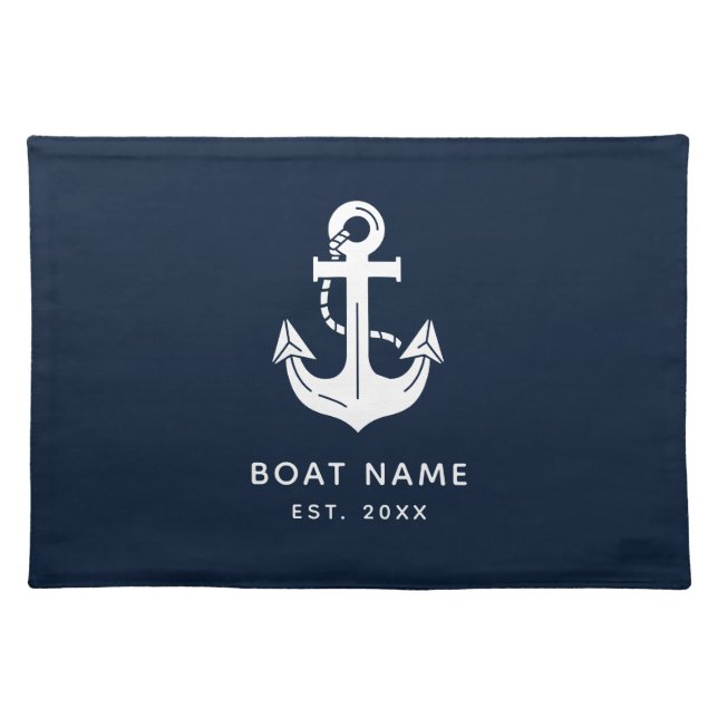Nautical Navy Blue Custom Boat Name Cloth Placemat (Front)