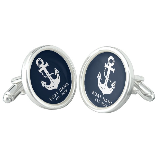 Nautical Navy Blue Custom Boat Name Cufflinks (Angled)