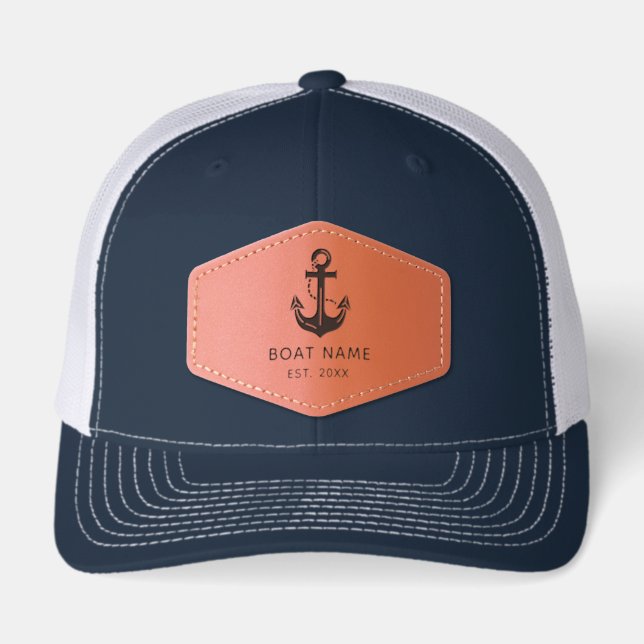 Nautical Navy Blue Custom Boat Name Leather Patch Hat (Front)