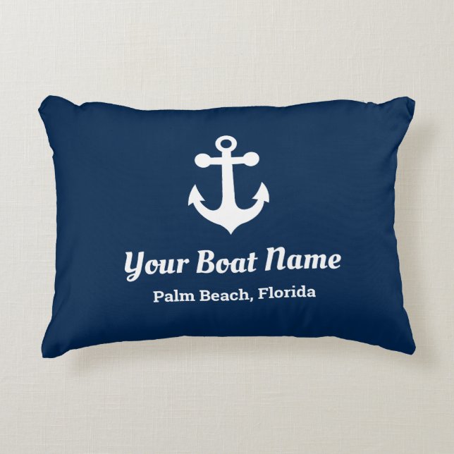 Nautical Navy Blue Custom Boat Name Lumbar Pillow (Front)