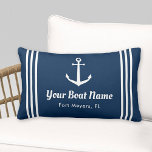 Nautical Navy Blue Custom Boat Name Lumbar Pillow<br><div class="desc">Nautical lumbar throw pillow in a horizontal format features an elegant boat anchor with preppy horizontal stripes. Personalize the custom text with your boat name and location. Design includes a classic coastal navy blue and white color scheme.</div>