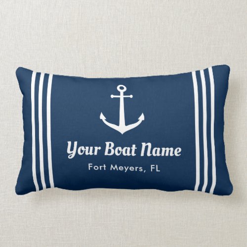 Nautical Navy Blue Custom Boat Name Lumbar Pillow
