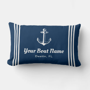 Nautical Navy Blue Custom Boat Name Lumbar Pillow