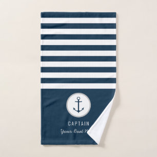 Nautical Navy Blue Custom Boat Name striped Hand Towel