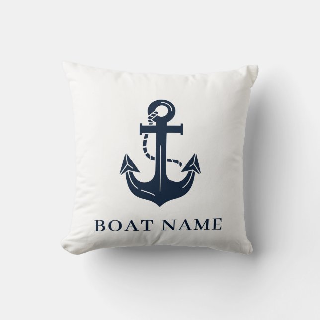 Nautical Navy Blue Custom Boat Name Throw Pillow (Front)