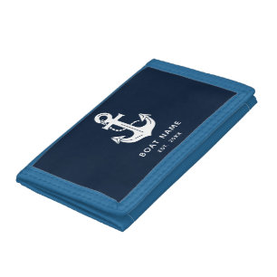 Nautical Navy Blue Custom Boat Name Trifold Wallet