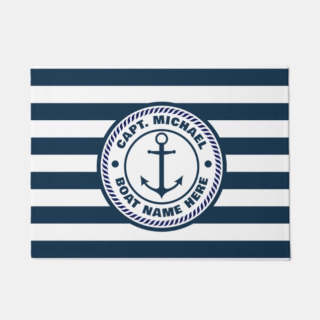 Nautical Navy Blue Custom Boat Name Welcome Aboard Doormat (Front)