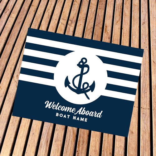 Nautical Navy Blue Custom Boat Name Welcome Aboard Doormat