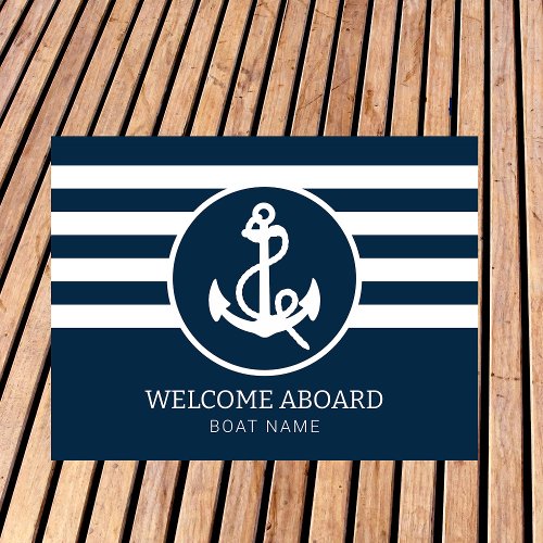 Nautical Navy Blue Custom Boat Name Welcome Aboard Doormat