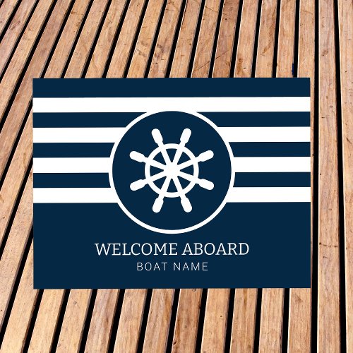 Nautical Navy Blue Custom Boat Name Welcome Aboard Doormat