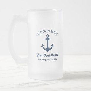 Nautical Navy Blue Custom Captain Boat Name Frosted Glass Beer Mug