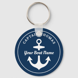 Nautical Navy Blue Custom Captain Boat Name Keychain