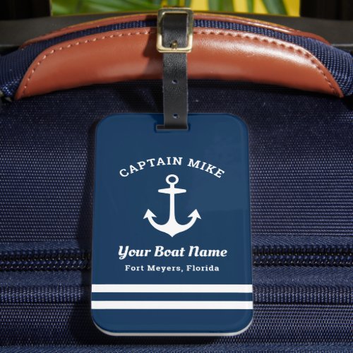 Nautical Navy Blue Custom Captain Boat Name Luggage Tag