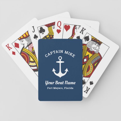 Nautical Navy Blue Custom Captain Boat Name Playing Cards