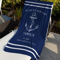Nautical Navy Blue Custom Family Anchor Beach Towel