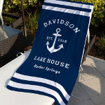 Nautical Navy Blue Custom Family Lake House Beach Towel<br><div class="desc">Nautical beach towel features a coastal style boat anchor and stripes design. Personalize the custom text with a family last name   lake house (or other title) with the year established and location. Classic navy blue and white color scheme.</div>