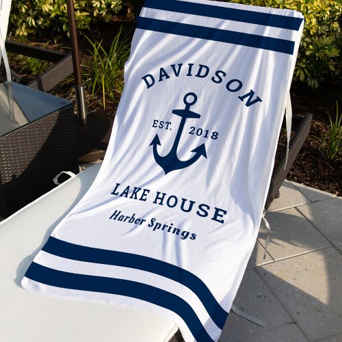 Nautical Navy Blue Custom Family Lake House Beach Towel