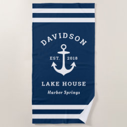 Nautical Navy Blue Custom Family Lake House Beach Towel | Zazzle