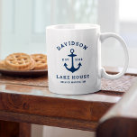 Nautical Navy Blue Custom Family Lake House Coffee Mug<br><div class="desc">Nautical fleece "Lake House" coffee mug features a coastal style boat anchor and classic style typography design. Personalize the custom text with a family last name   lake house (or other title),  the year established,  and location. Classic navy blue and white color scheme.</div>