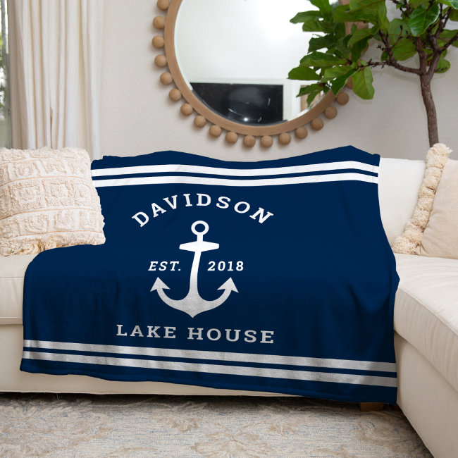 Nautical Navy Blue Custom Family Lake House Fleece Blanket