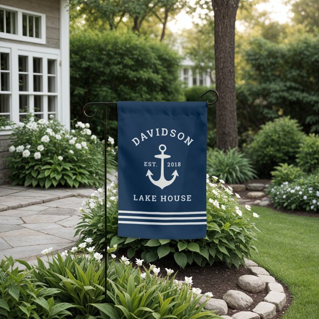 Nautical Navy Blue Custom Family Lake House Garden Flag (Creator Uploaded)