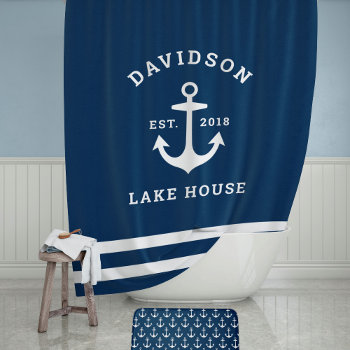 Nautical Navy Blue Custom Family Lake House Shower Curtain by Plush_Paper at Zazzle
