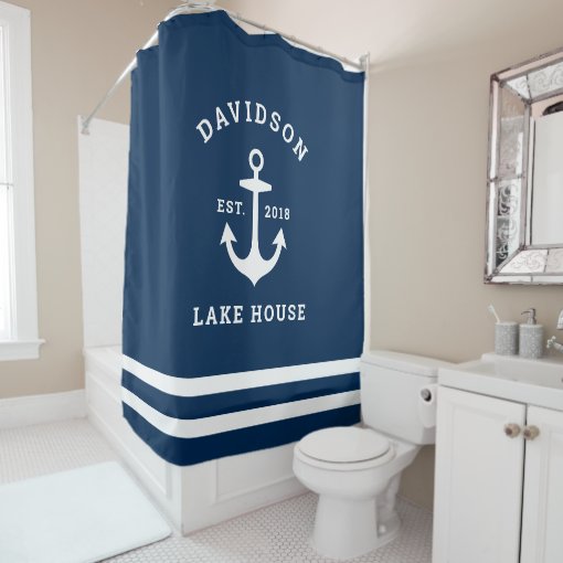 Nautical Navy Blue Custom Family Lake House Shower Curtain | Zazzle