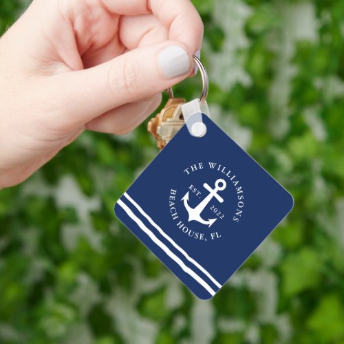 Nautical Navy Blue Custom Family Name Boat Anchor Keychain