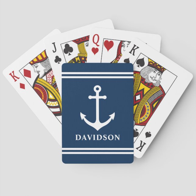 Nautical Navy Blue Custom Family Name Poker Cards (Back)