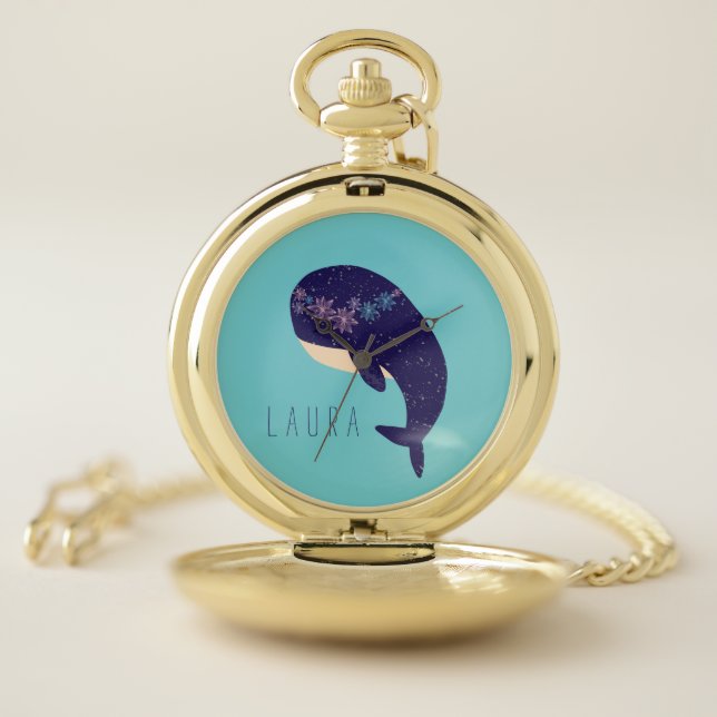 Nautical Navy Blue Cute Whale Custom Name Pocket Watch (Inside)