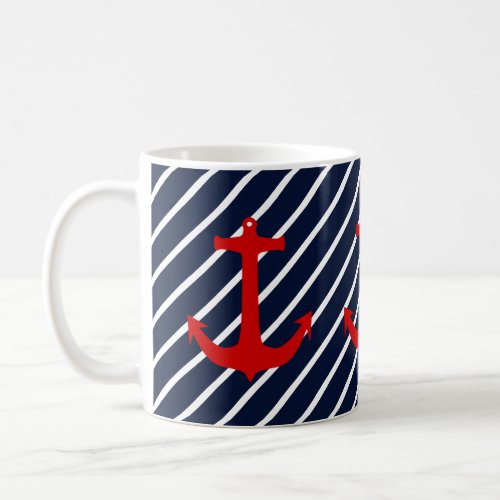 Nautical Navy Blue Diagonal Stripe Red Anchor Coffee Mug