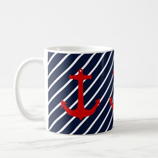 Nautical Navy Blue Diagonal Stripe Red Anchor Coffee Mug (Left)