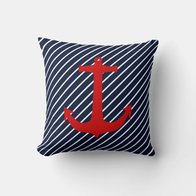 Nautical Navy Blue Diagonal Stripe Red Anchor Throw Pillow (Front)