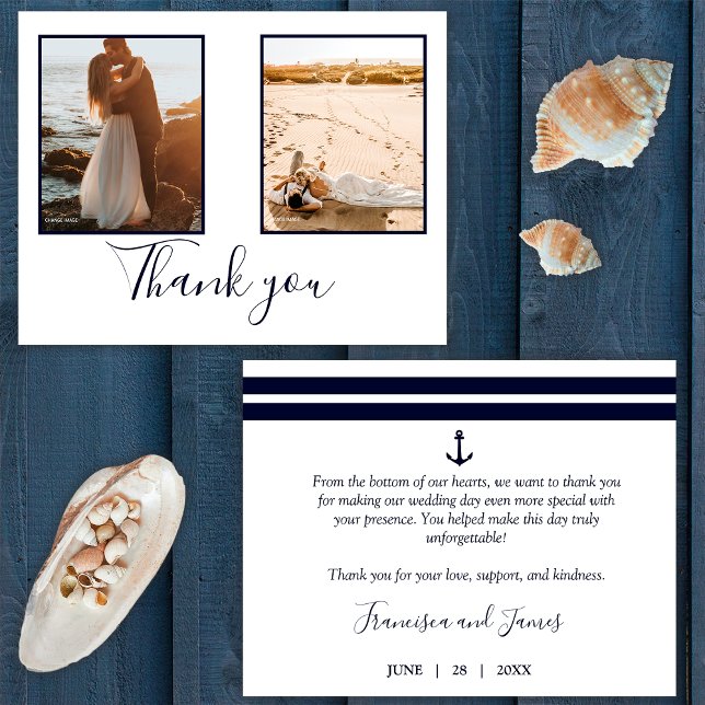 Nautical Navy Blue Elegant Anchor Wedding Photo  Thank You Card (Front and Back)