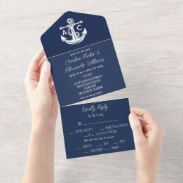 Nautical Navy Blue Elegant Modern Ocean Wedding All In One Invitation