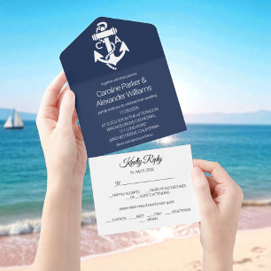 Nautical Navy Blue Elegant Modern Ocean Wedding All In One Invitation