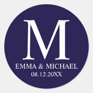 Nautical Navy Blue Elegant Monogram Wedding Favor Classic Round Sticker