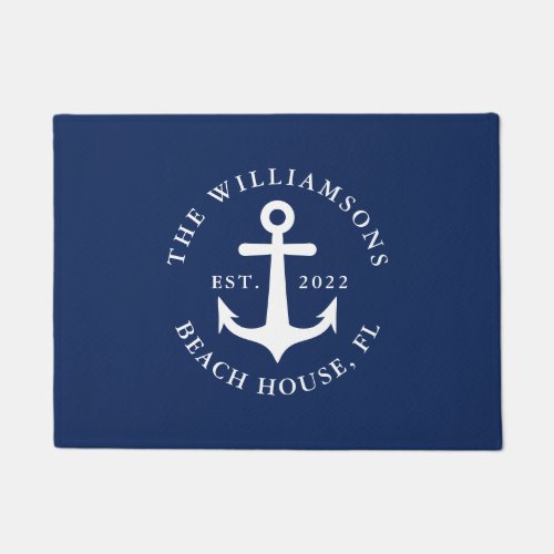 Nautical Navy Blue Family Name Anchor Beach House Doormat