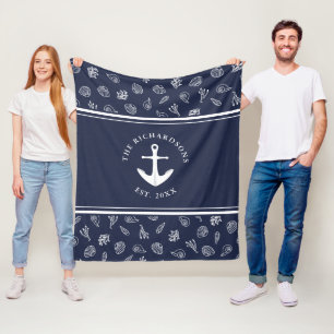 Nautical Navy Blue Family Name Anchor Fleece Blanket