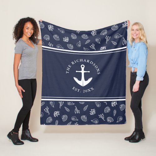 Nautical Navy Blue Family Name Anchor Fleece Blanket