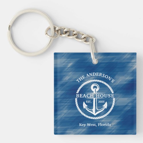 Nautical Navy Blue Family Name Beach House Anchor Keychain