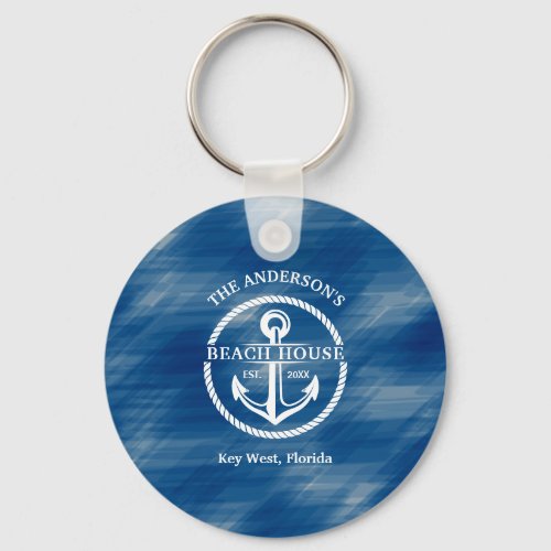 Nautical Navy Blue Family Name Beach House Anchor Keychain