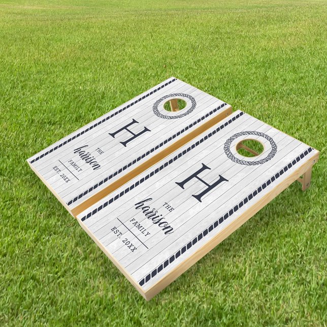 Nautical Navy Blue Family Name & Monogram Cornhole Set (Creator Uploaded)