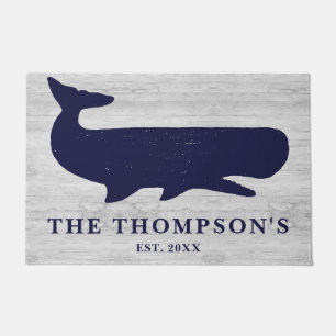 Nautical Navy Blue Family Name Whale Vacation Home Doormat