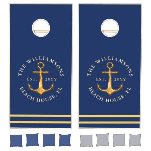 Nautical Navy Blue Faux Gold Anchor Beach House Cornhole Set